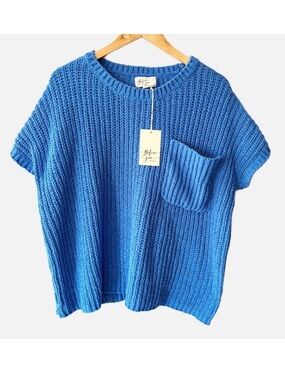 NWT BEFORE YOU Blue Knit Short Sleeve Sweater Top Chunky Pullover Relaxed Fit